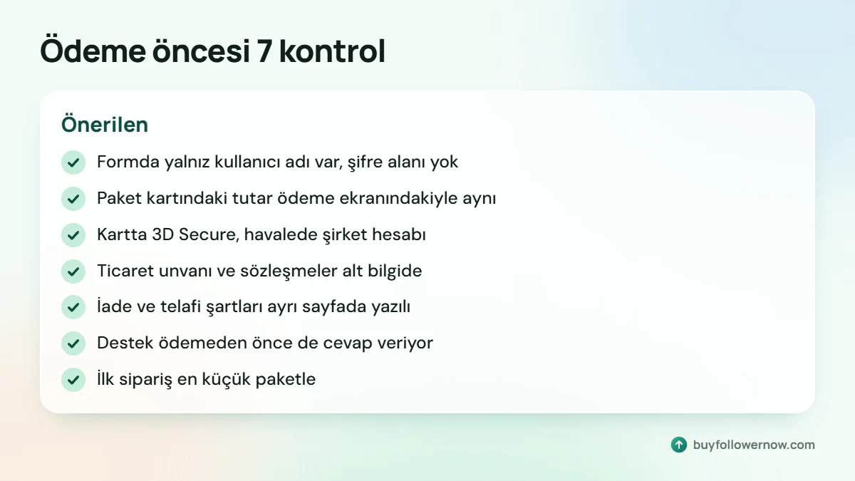Ödeme öncesi yedi kontrolü gösteren liste: şifre alanı olmayan form, aynı tutar, 3D Secure, şirket bilgisi, yazılı iade şartları, cevap veren destek, küçük ilk sipariş