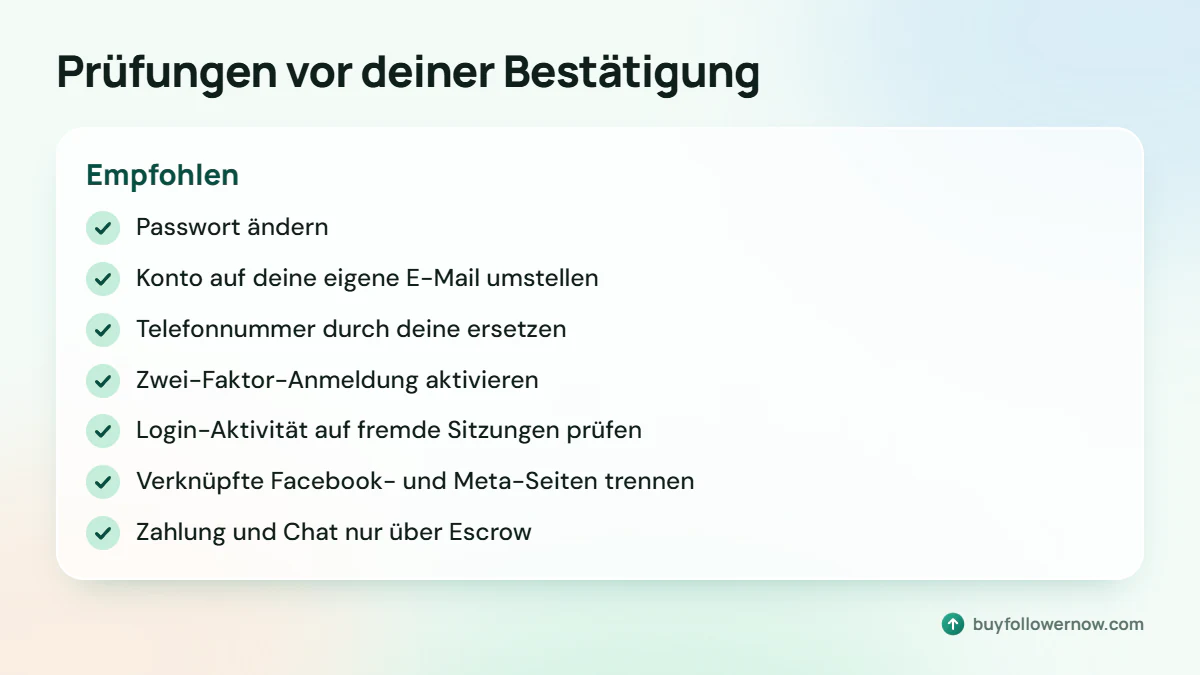 Sieben Prüfungen nach der Übergabe: Passwort, E-Mail, Telefonnummer, Zwei-Faktor-Anmeldung, Login-Aktivität, Meta-Seiten, Chat und Zahlung nur über Escrow