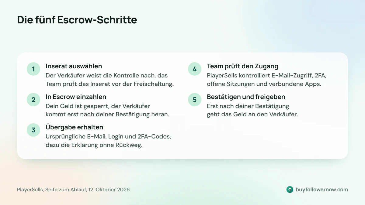 Die fünf Escrow-Schritte der Reihe nach: Inserat prüfen, in Escrow einzahlen, Übergabe, Prüfung durch das Team, Bestätigung und Freigabe