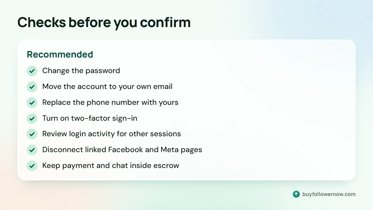 Seven checks after the handover: password, email, phone, two-factor, login activity, Meta pages, escrow-only chat and payment