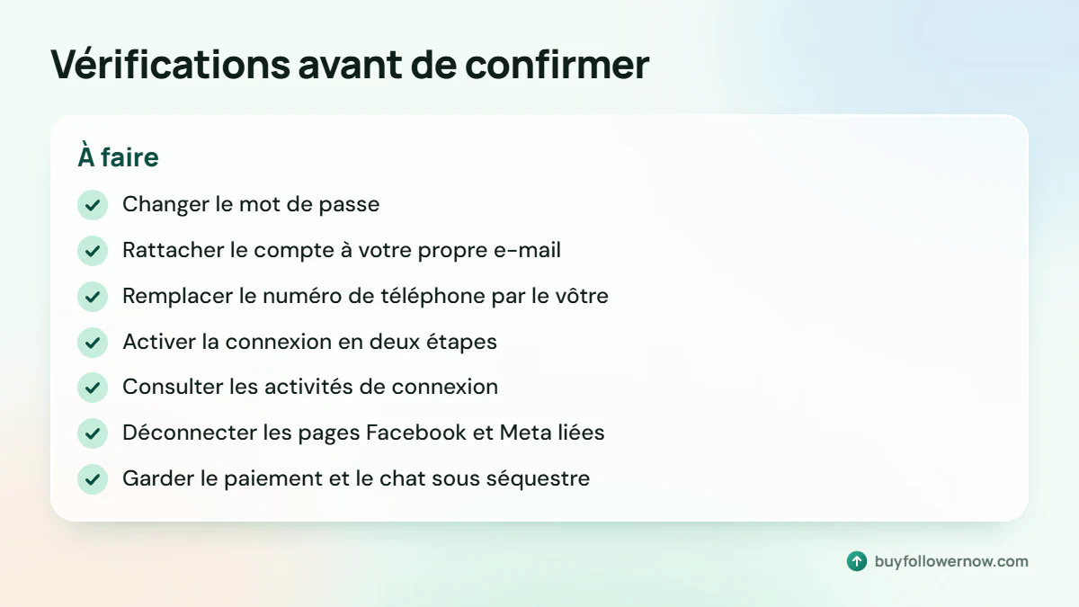 Sept vérifications après le transfert : mot de passe, e-mail, téléphone, connexion en deux étapes, activités de connexion, pages Meta, chat et paiement sous séquestre