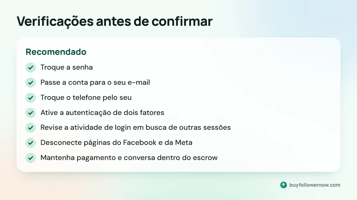 Sete verificações depois da entrega: senha, e-mail, telefone, autenticação de dois fatores, atividade de login, páginas da Meta, conversa e pagamento só no escrow